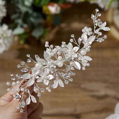 SWEETV Wedding Hair Clip Comb Handmade Bridal Hair Accessories for Women Wedding Hair piece,Silver