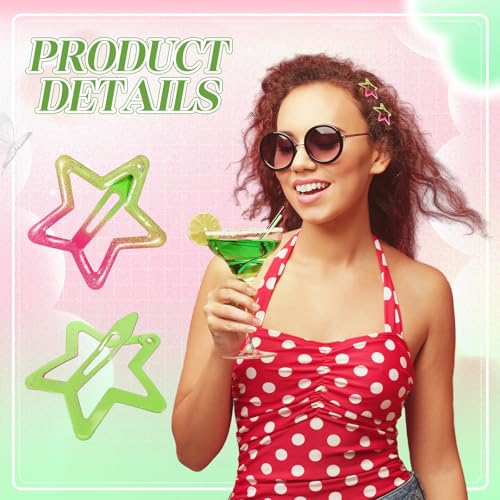 24 Pcs Pink and Green Hair Accessories Star Hair Clips Witch Decoration Metal Glue Snap Star Barrettes for Girl and Women Gifts