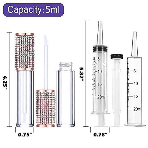 AMORIX 72 Pack 5ml Crystal Rhinestone Lip Gloss Tubes with Wand 5ml Empty Lip Gloss Containers Lipgloss Bottles with Stoppers 4pcs Syringes + Labels for DIY Lip Gloss Balm