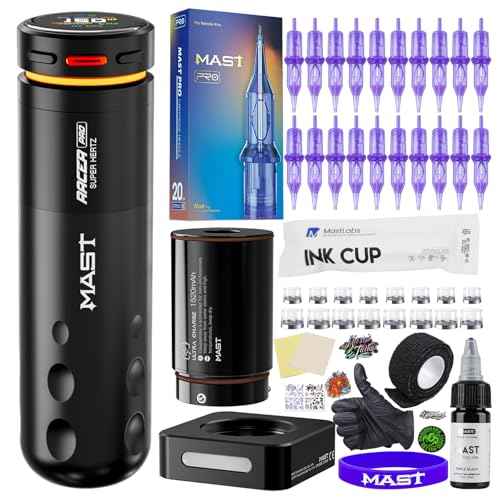 Mast Racer Pro Tattoo Gun Kit Cordless Pen Machine 20 Cartridges Needles 2 Batteries Power Supply Black Ink Complete Set
