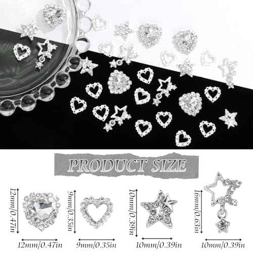 30PCS Star Nail Charms 3D Crystal Heart Nail Charms Alloy Silver Nail Charms Shiny Starlight Nail Gems and Charms Jewelry Rhinestones for Women Nail Art and DIY Crafts Decoration