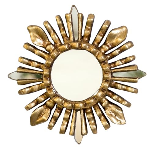 Artisan Small Round Wall Mirror 6in - Peruvian Accent Wood Gold Leaf Sunburst Mirror for Wall Decor (Gold)