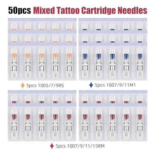ATOMUS 50pcs Tattoo Cartridge Needles Size #10 RS RM M1 Purple Round Liner Tattoo Needles for Tattoo Gun Pen (5RS+7RS+9RS+7M1+9M1+11M1+7RM+9RM+11RM+15RM)