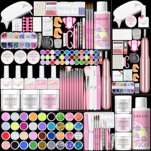 Saviland Acrylic Nail Kit ? Nails Kit Acrylic Set Acrylic Powder & Liquid with Builder Nail Gel Nail Drill Glitter Nail Art Powder Acrylic Nail Tools for Home DIY Nail Salon Use Christmas Gift