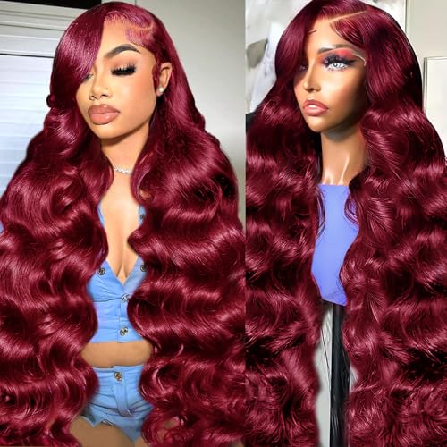 99J Burgundy Lace Front Wigs Human Hair Body Wave 13x6 HD Transparent Lace Front Wigs Human Hair Pre Plucked with Baby 99j Red Wine Glueless Human Hair Wigs for Women 26 Inch