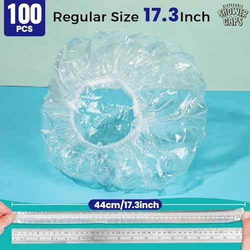 LEOBRO 100PCS Disposable Shower Caps, Shower Caps for Women Disposable, Clear Plastic Shower Cap, Plastic Hair Caps for Hair Treatment, Regular Size 17.3 INCH