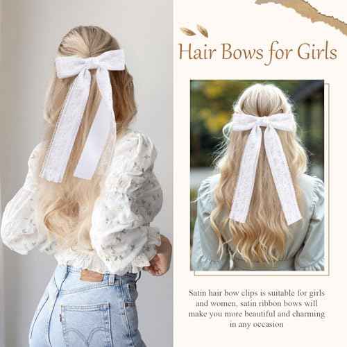 VOBOBE 2PCS Hair Bows for Women Girls, White Coquette Lace Bow Clips Silky Satin Hair Ribbons with Long Tail Hair Accessories for Wedding Birthday (White)