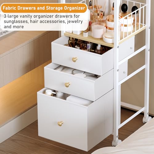 Makeup Organizer Cart with Vanity Mirror, Floor Skincare Organizers Make Up Organizers-Vanity Organizer Cosmetic Display Cases Holder for Skin Care Perfume Nail Polish Brush Hair Tool (White)