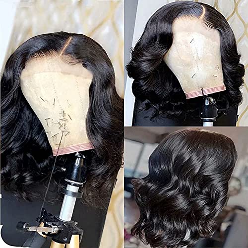 Body Wave Short Bob Human Hair Wig 13x6 HD Transparent Lace Front Human Hair Wig Brazilian Hair Natural Color 150% Density Short Wigs Ocean Wave Pre Plucked With Baby Hair For Women 8Inch