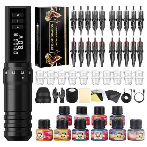Kiss of Dragon Hunter MAX Tattoo Kit, Cordless/Cord Complete Tattoo Gun Kit Pen Machine,oreless Motor 6 Strokes Length, 2,400mAh Power Supply with Extra Battery Rca Jack Part