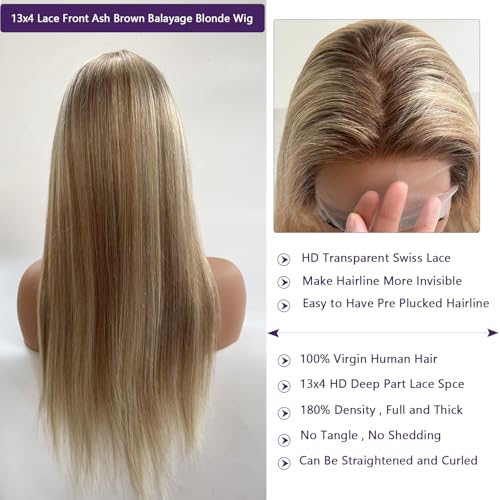 Ubetta Highlight Ash Blonde Wig Human Hair, 13x4 HD Balayage Glueless Wigs Human Hair Ash Brown to Ash Blonde Highlights Pre Plucked 18 Inch 180% Density Lace Frontal Human Hair Wigs for White Women