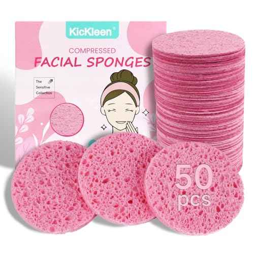 50-Count Compressed Facial Sponges|Kickleen 100% Natural Cellulose Cosmetic Spa Sponges for Daily Facial Cleansing|Makeup and Mask Removal|Exfoliating|Skin Massage|Pore Exfoliation (50 Count (Pink))