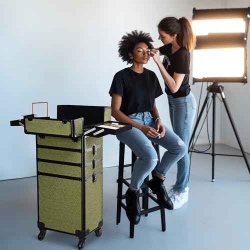 BYOOTIQUE 4in1 Cosmetology Cases on Wheels Rolling Makeup Organizer Cart Professional Nail Tech Storage Hairdressing Brush Bags for Nail Artist Beauty Barber Salon Hairstylist,Rococo Moss