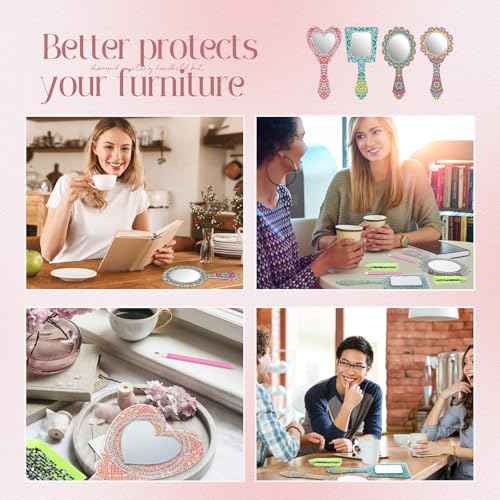 4 Pcs Diamond Painting Mirror Handheld Kits Valentine Christmas Art Gifts Compact Decorate Your Own Mirror for Hand DIY Crafts