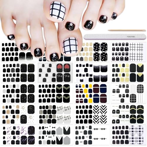 DANNEASY 20 Sheets Toe Nail Stickers Full Nail Wraps - Black, Toenails Polish Strips Self Adhesive Toenail Polish Stickers Gel Strips Manicure Sticker Nails for Women with File, Cuticle Stick