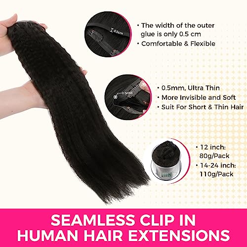 Lashey Hair Extensions Seamless Clip in Real Human Hair Natural Black 18 Inch 110g 7Pcs Kinky Staight Human Hair Extensions Skin Weft Remy Hair for Black Women