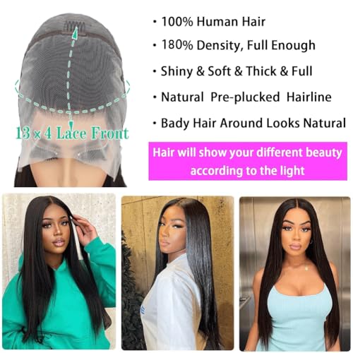 Skin Straight 13x4 Lace Front Wigs Human Hair with Baby Hair for Women Straight HD Transparent Lace Frontal Wigs Human Hair Pre Plucked Glueless Wigs Natural Black Color 22 Inch 180 Density