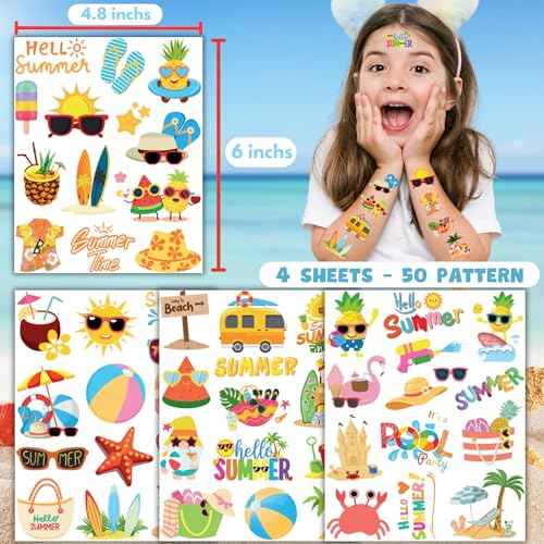 50 PCS Summer Party Temporary Tattoos for Kids, Hawaiian Luau Themed Tattoos for Birthday Party Supplies Pool Party Tropical Beach Tattoo Stickers for Kids Boys Girls Party Bag Filler