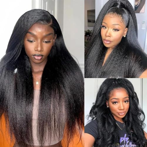 Kinky Straight Lace Front Wigs Human Hair Pre Plucked With Baby Hair 4x4 Transparent Yaki KinkyStraight Human Hair 180% Density Yaki Straight Lace Frontal Wigs for Women 20 Inch