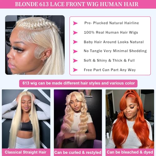 613 13x6 Lace Front Wig Human Hair 30 inch Straight Blonde Wig Human Hair 180% Density 613 HD Lace Frontal Wig Blonde Lace Front Wigs Human Hair Pre Plucked with Baby Hair