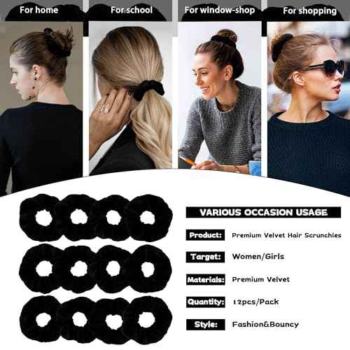 12 Pcs Classic Black Premium Satin Soft scrunchies,Velvet Scrunchies for Girls&Women, Hair Ties for Girls and Suitable for Various Occasions