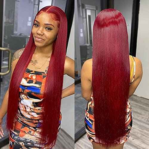 afsisterwig 99J Burgundy Wine Red Silky Straight Transparent 13x4 Lace Front Brazilian Human Hair Wigs Pre Plucked Remy Hair 180% Virgin Hair Wigs (20inch, 13X4 lace Front)