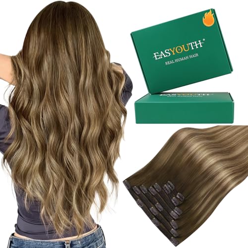 Easyouth Clip in Hair Extensions Balayage Thick Human Hair Clip in Extensions Dark Brown Fading to Caramel Blonde Mix Brown Clips in Extensions Real Human Hair Ease of Use 20 Inch 7Pcs 120G