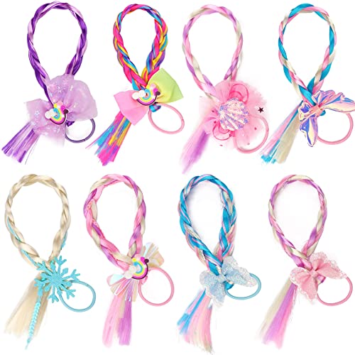 8 Pieces Colored Braids Hair Extensions with Rubber Bands Ponytails Hair Bows Rainbow Color Synthetic Hairpieces Glitter Braided Hair Extensions for Women Kids Girls Party Highlights Cosplay Dress Up