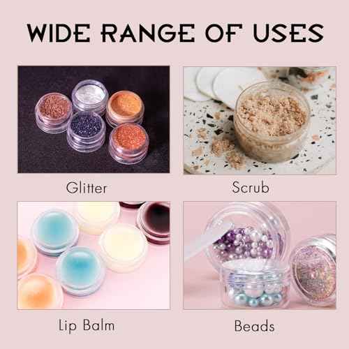 50 Count 3 Gram Sample Containers, Clear Lip Balm Containers with Lids, Small Plastic Sample Jars with 4 Mini Spoons, 50pcs Labels (Clear Lid)