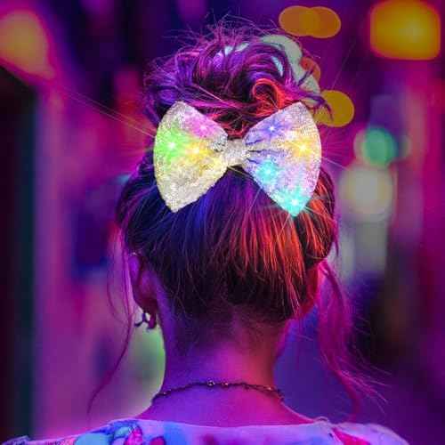 Woeoe Light Up Sequin Hair Bows Clips Glitter Bow Hairpin Glow Hair Bows Accessories Birthday Party for Women and Girls (Silver)