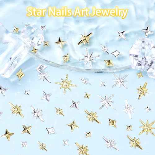 Star Nail Charms and Gold Nail Studs, Star Starshine Cross Metal Gold Nail Art Studs, Mixed Gold Silver Star Nail Charms and Gems, Golden Star Nail Art Charms, 3D Star Charms for Nail Art Y2K Decor