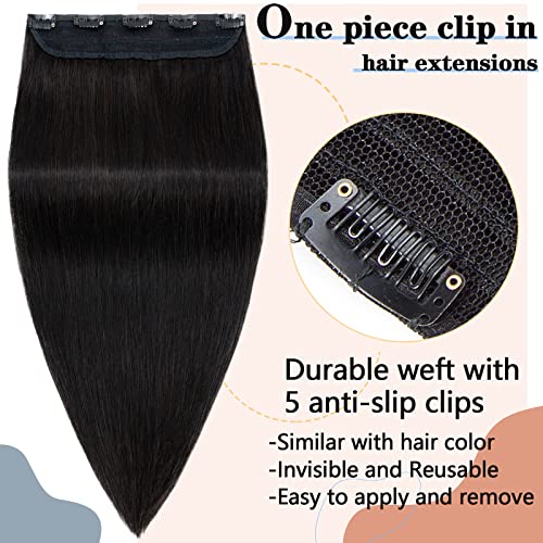 S-noilite Clip in Human Hair Extensions - 100% Real Hair, One Piece/5 Clips, 3/4 Full Head, Thicker Soft Straight (18"-90g, #1B Natural Black)
