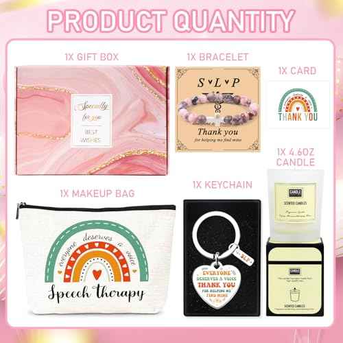 Keluna Speech Therapy Appreciation Gifts - 5Pcs SLP Gifts Set for Women, Speech Pathologist Therapist Thank You Birthday Christmas Gift with Lavender Scented Candles, Makeup Bag, Bracelets, Keychain