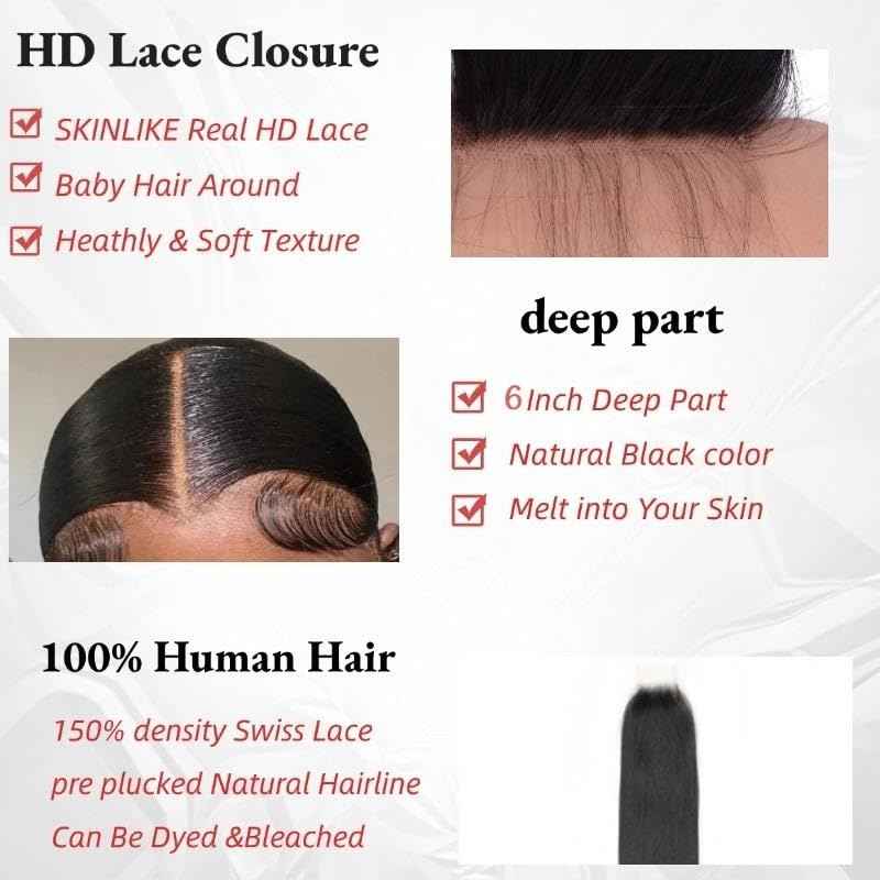 2x6 SKINLIKE Real HD Lace Closure Straight Human Hair 0.095mm Ultra-thin Swiss HD Lace Closure Bleached Single knots Human Hair Closure Pre-plucked with Natural Black Color