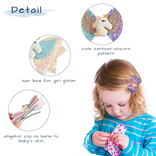 8pcs Unicorn Hair Bows, 3 Inch Glitter Grosgrain Ribbon Bows with Alligator Clips for Toddlers