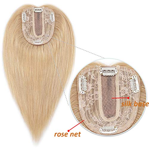 S-noilite Silk Base Topper Clip in Human Hair Piece Toupee Top Hair Extensions Silk Topper for Women Replacement for Slight Hair Loss Thinning Hair 130% Density (10"-35g,#24 Natural Blonde)