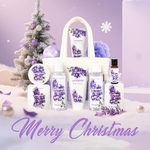 Spa Gift Baskets for Women - Body & Earth 11pcs Lavender Gift Sets with Bubble Bath, Shower Gel, Body Lotion, Birthday Gifts for Women, Spa Kit for Mom Gifts, Purple Gifts