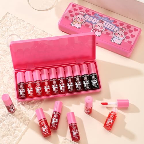 10 Colors Lip Tint Stain Set,Korean Lip Gloss,Watery Lip Stain Mini Liquid Lipstick Waterproof,Moisturizing Lip Stain Set Multi-Use Lip and Cheek Tint,Non-Stick Cup,Lightweight,Vivid Color Lip Makeup