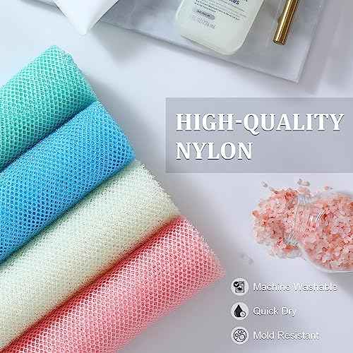 4 Pieces African Exfoliating Net, Long African Net Sponge, Nylon African Net Cloth, Exfoliating Washcloth, Body Scrubbers for Use in Shower, Back Scrubber Skin Smoothers for Bath (Multicolor 4)