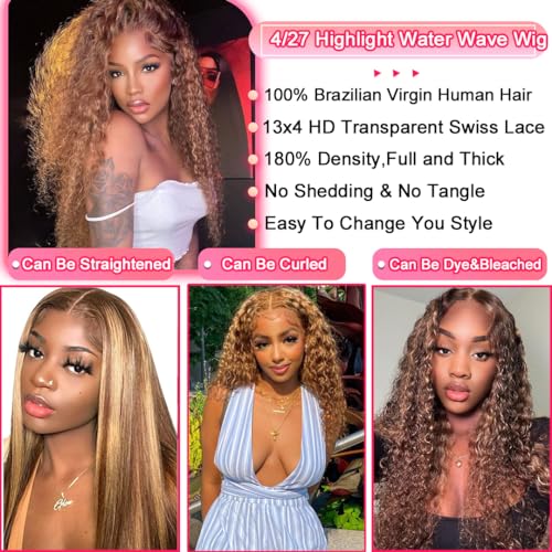 18 inch Water Wave P4/27 Highlight 13x4 HD Transparent Lace Front Wigs Ombre Human Hair Wet and Wavy Curly Glueless Lace Frontal Wigs Pre Plucked with Baby Hair 180% Density