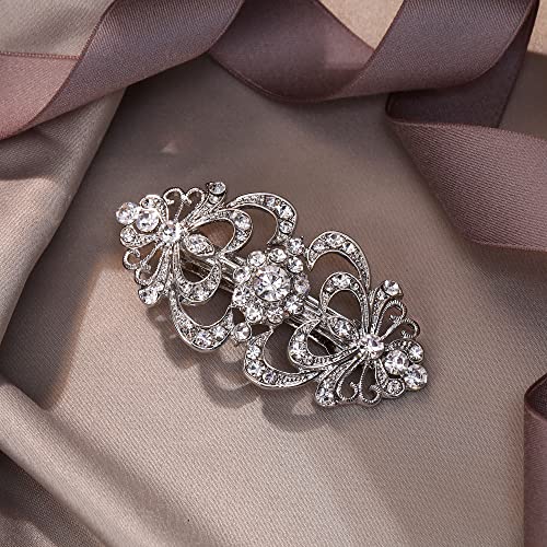 EVER FAITH Austrian Crystal Bridal Barrette Clip, 1920s Art Deco Two Heart Rhinestone Hair Accessories for Women Clear Silver-Tone