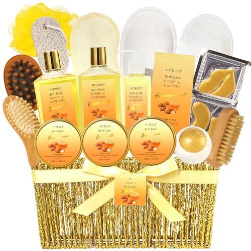 Bath Gift Basket Set, Spa Kit Gifts for Women Men, 18 Pc Almond Milk & Honey Large Spa Gift Basket Luxury Bath Set Relaxing Self Care Pampering Gifts for Birthday, Christmas, Mothers Day Gift Baskets