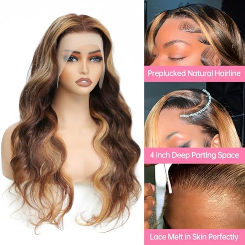Human Hair Wig 22 Inch 13x4 Ombre Body Wave Lace Front Wigs Human Hair Honey Blonde Wig Pre Plucked with Baby Hair 200 Density 4/27 Highlight Glueless Human Hair Wigs for Black Women