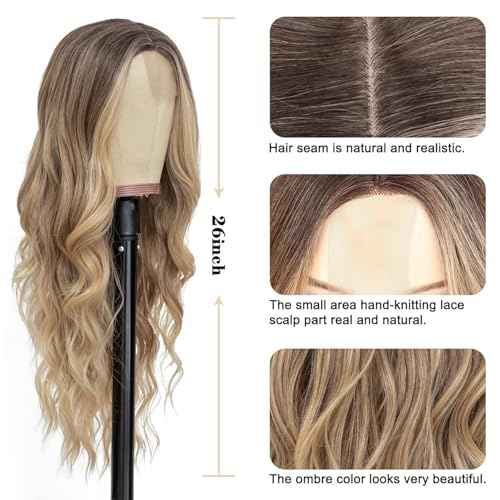 NAYOO Long Ombre Blonde Wavy Wig for Women 26 Inch Middle Part Curly Wavy Wig Natural Looking Synthetic Heat Resistant Fiber for Daily Party Use (Ombre Blonde)