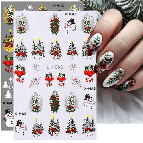 8Pcs Christmas Nail Sticker 3D Xmas Green Leaf Flower Adhesive Decal Supplies Glitter Gold Silver Snow Leaves Design for Women Winter Holiday Manicure Decoration Accessories