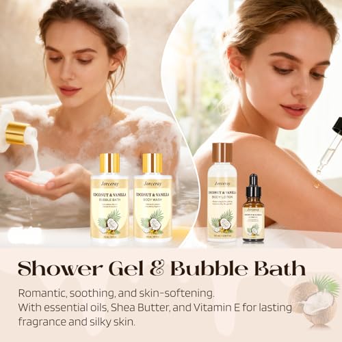 Bath and Body Gift Basket Set for Women - Coconut Vanilla Spa Gift Basket for Women 22pcs Luxury Bath Gift Set with Shower Gel Self Care Pampering Gifts for Mothers Day, Christmas, Birthday Gifts
