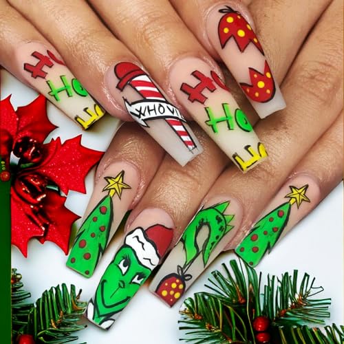 Greenwich Cute Christmas Coffin Nails Full Cover Colorful Red Hat Winter Xmas Artificial Matte Stick on Nails Design 24Pcs