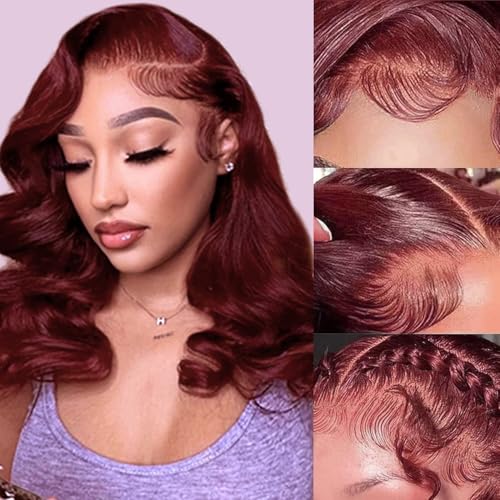 Reddish Brown Bob Wig Human Hair Body Wave 13x4 HD Lace Front Wigs Human Hair 16Inch 33# Body Wave Lace Frontal Wig Pre Plucked 180% Density Wine Red Bob Wigs for Women
