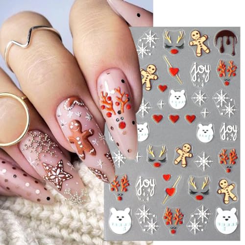 4 Sheets Embossed Elk Nail Stickers 5D Self-Adhesive Bow Gift Cookie Man Snowflake Nail Art Stickers Red Christmas Nail Decals New Year Nail Art Supplies for Women Girls DIY Manicure Nail Decoration