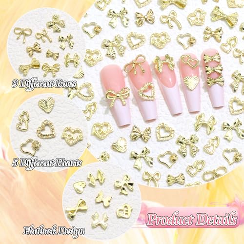 BELICEY 110Pcs Bow Heart Nail Charms Gold 3D Metal Bow Charm for Nails Flatback Heart Bowknot Nails Decoration Cute Nail Bows for Women Manicure DIY Nail Art Design Crafts